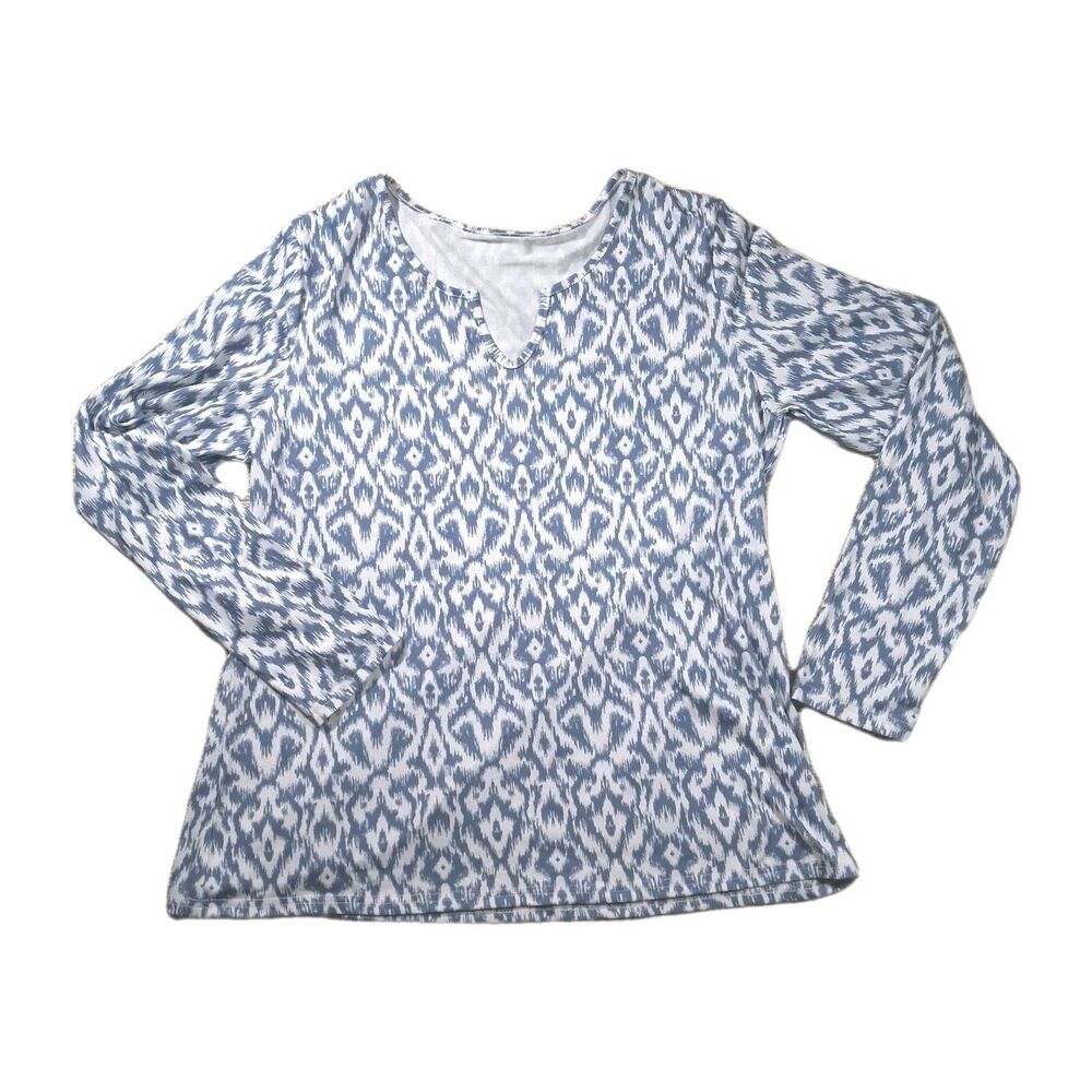 WOMENS L BLUE WHITE IKAT PRINT V-NECK LONG SLEEVE TOP BOHO CASUAL POLY BLOUSE